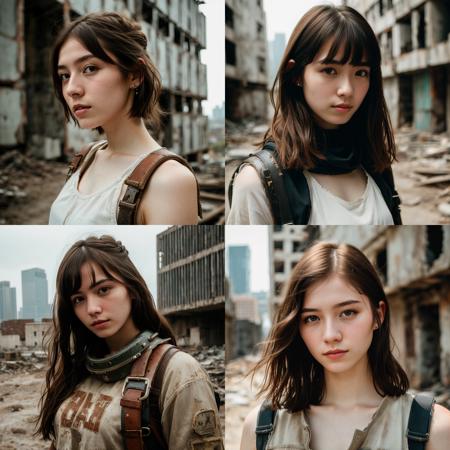 high quality, 8k uhd,a close up portrait photo of brutal  young woman  in wastelander clothes, long haircut, pale skin, slim body, background is city ruins, (high detailed skin:1.2),  dslr, soft lighting, film grain, Fujifilm XT3, <lora:epiNoiseoffset_v2:0.8>, (pureerosface_v1:0.5),  <lora:japaneseDollLikeness_v10:0.2>