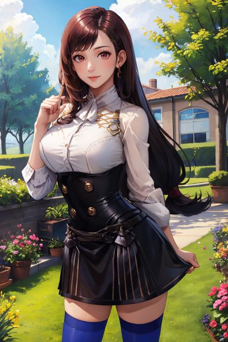 masterpiece, best quality,  <lora:gmuniform2-nvwls-v1-000009:1> gmuniform, blue thighhighs <lora:tifa-nvwls-v1-final:0.9> deftifa, standing, looking at viewer, smile, cowboy shot, large breasts, garden, sky, clouds, outdoors, school building, fist