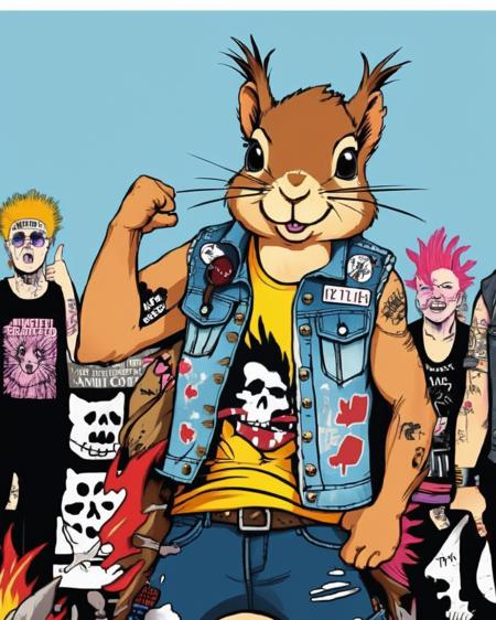 A defiant squirrel with a mohawk and a ripped denim vest, stands amidst the chaos of a punk protest march, raising a clenched fist in solidarity with the cause:1.5, defiant squirrel:1.2, mohawk:1.2, ripped denim vest:1.1, chaos of punk protest march:1.1, clenched fist:1.1, solidarity:1.0, cause:1.0. , anipunks<lora:anipunks_sdxl:1.0>