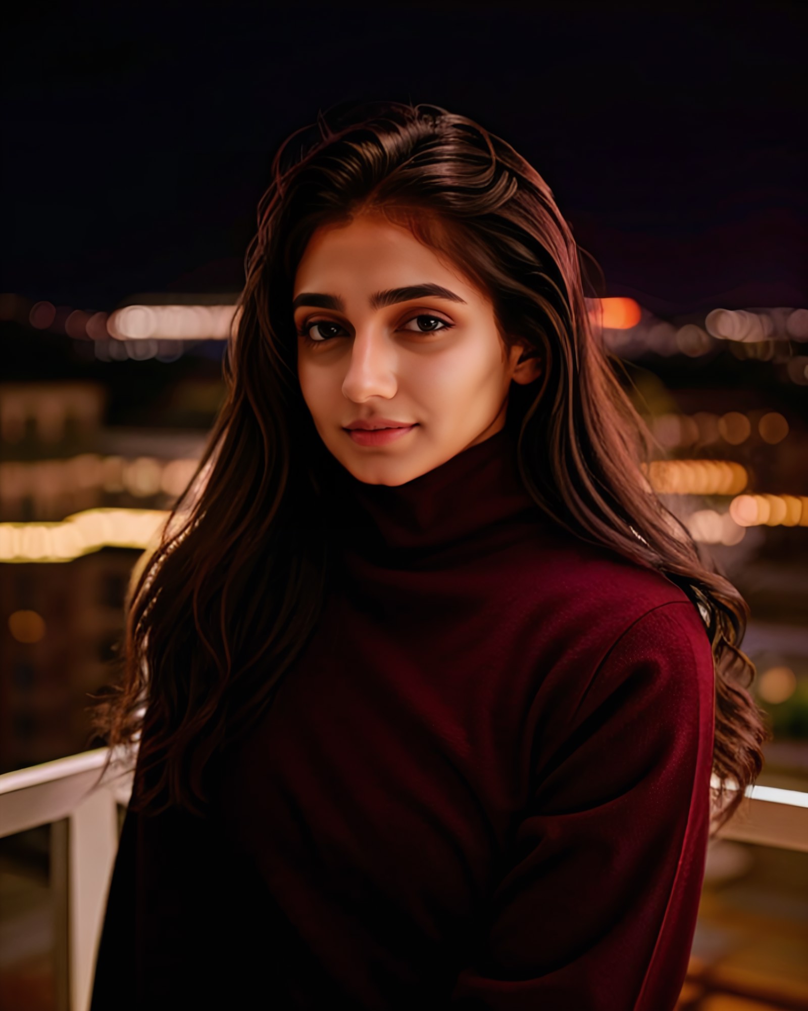 portrait photo of a vdka woman, wearing high-neck Burgundy clothing, solo, serious look, night time, city lights  in backg...