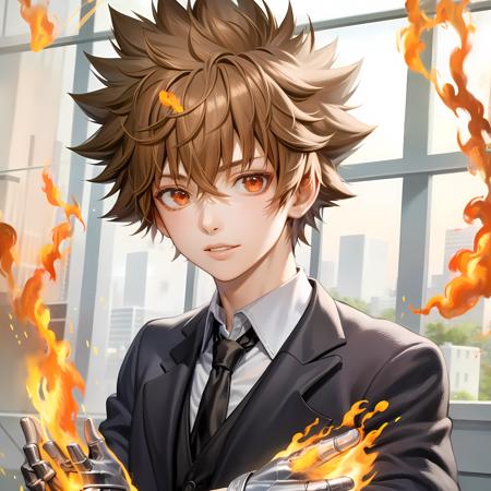 ((masterpiece, best quality)),(complex lighting),tsuna , solo, upper body, 1boy, <lora:TsunaSawada1-10:0.8>, brown hair, gloves, 1boy, brown eyes, upper body, male focus, necktie, formal, suit, fire, black necktie, fire bang hair,