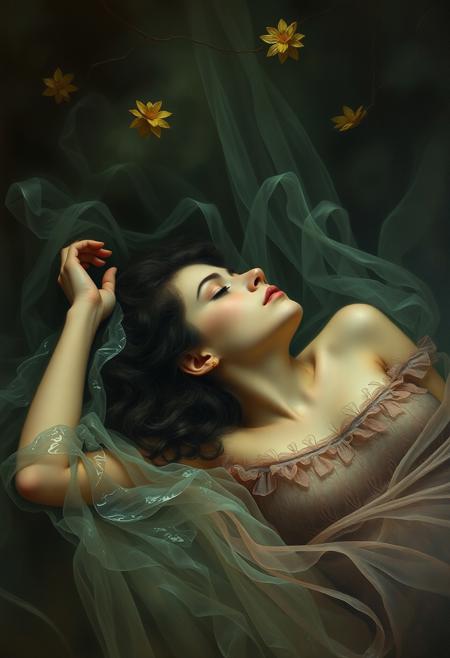 Ophelia's dream, Low saturation color photography, vintage, grunge, top light, masterful painting in the style of Anders Zorn | Marco Mazzoni | Yuri Ivanovich, Todd McFarlane, Aleksi Briclot, oil on canvas