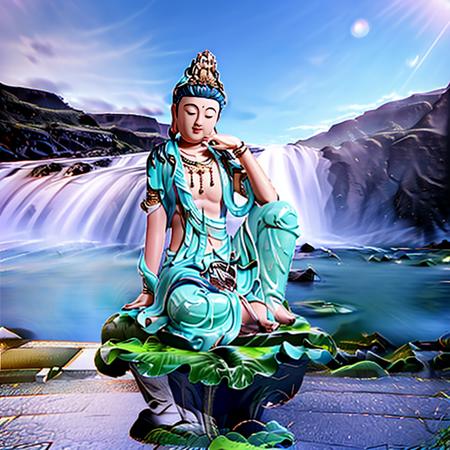 Guanyin sitting on a lotus flower seat, Guanyin Bodhisattva, Avalokitesvara, Chinese temples scattered in the forest not far away,   waterfall cascading into a lake or stream in the background, mountains and briliant small lake in the background, Lotus in the foreground, Clear and distinct fingers, clear and distinct toes, clear and distinct facial features,jewelry, leaf, lily flower, lily_pad, necklace, plant, solo, chinese temple, path, cherry blossom, sharp focus, the sun's rays, sparkly ripples, wind ripples, hyper hight detailed, real photo, intricate details, perfect composition, beautiful detailed intricate, 8 k photography, photorealistic, masterpiece, Photo-realistic, Image enhancement,Image post-processing,Image retouching