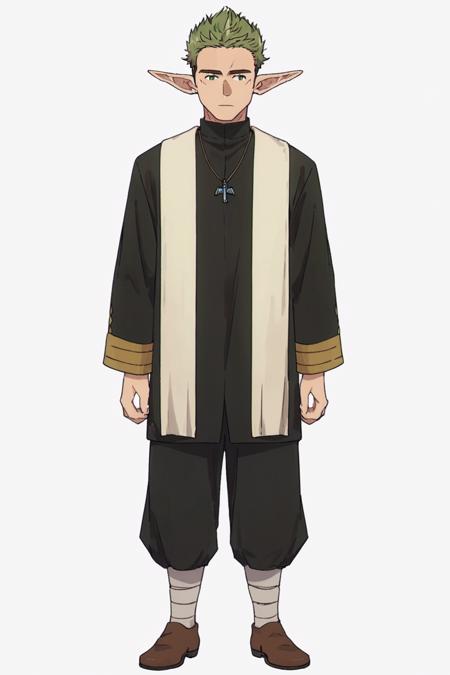 Kraft, green hair, short hair, undercut, green eyes, elf Black robe, priest, white drape, black pants, brown footwear, necklace Official style, anime coloring