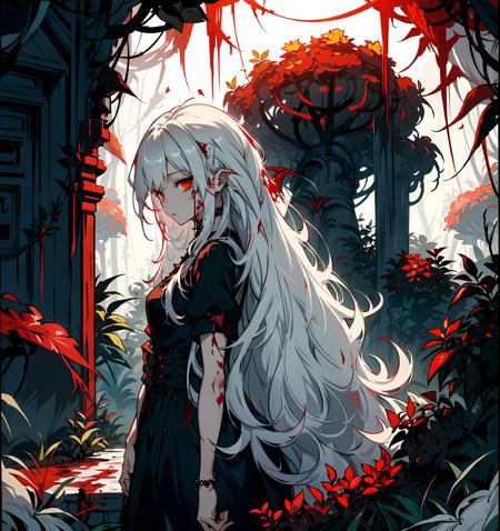 <lora:redpunk:0.5>, (redpunk artstyle), 1girl standing looking at viewer, wearing black dress, (in jungle), (blood trees around:1.3), at, (long white hair:1.5), red roses around, (attractive girl : 1.1), natural beauty, official art,