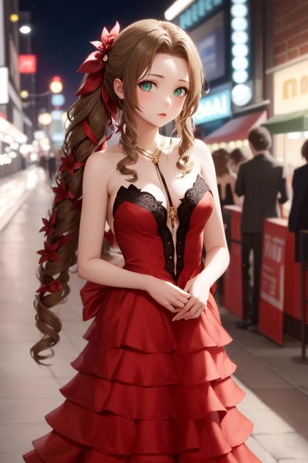 aerith gainsborough choker, cropped jacket, hair bow, bracelet, pink dress, brown boots very long hair, hair ribbons, hair flowers, strapless red dress, high heels 