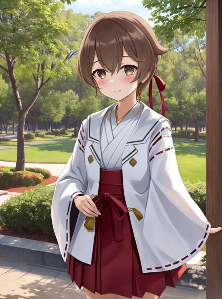 (outdoor activity),
 <lora:Fujimori_Mito-10:0.7>,1girl, solo,short hair, skirt,brown hair, ribbon, brown eyes, hair ribbon, japanese clothes, wide sleeves, hakama, hakama skirt, crossdressing, miko, red hakama