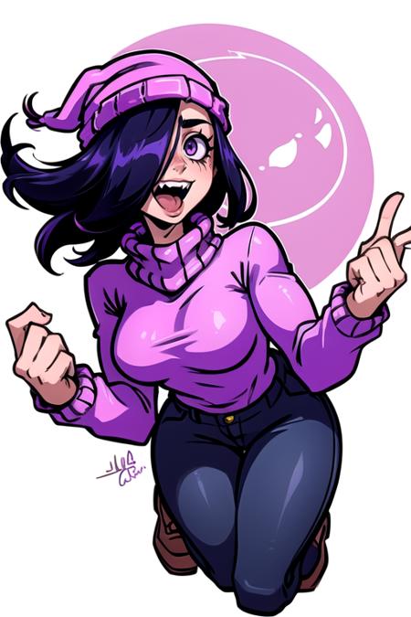 1girl, solo, breasts, smile, open mouth, simple background, hat, white background, purple eyes, purple hair, teeth, pants, hair over one eye, sweater, blood, turtleneck, thick thighs, black pants, denim, sharp teeth, jeans, blood on face, turtleneck sweater, beanie, pink headwear, pink sweater, purple sweater <lora:stephanie:0.6> thicc, full body