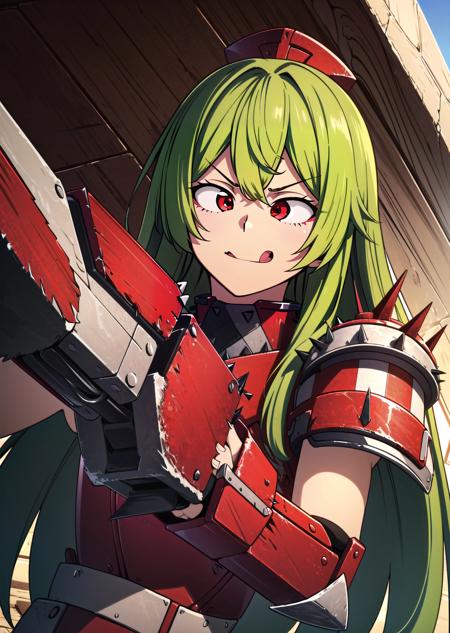 (1girl, green hair very long hair mizura, hexagon eyes, <lora:asb-yorime:1> tongue out, depressed) (digital) (  in detailed oasis, (red armor, shoulder armor, spikes, checkerboard, weapon)) , best quality, <lora:boldline:0.2>  <lora:hairdetailer:0.2> orkz,  <lora:orkz:1>