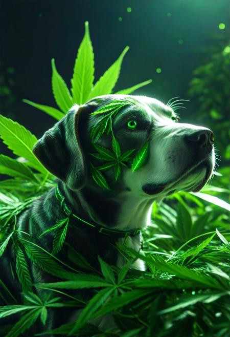 420futurism, closeup shot, from side, dog made of leaves, green leaves, cinematic, cinematic lighting, (masterpiece, best quality:1.4), ultra-high res, 4k, Photorealistic, insanely detailed, sfw,