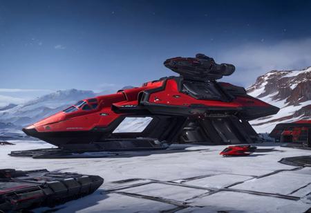 masterpiece, best quality, 8k, natural lighting, soft lighting, sunlight, wide-angle, scifistyle, cinematic scifi, outdoors, ground_vehicle, scenery, snow, science_fiction, snowing, action shot of a red and black crusader spaceship standing on ground inside a futuristic landing pad beside old dusted military sci-fi outpost