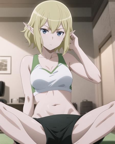 masterpiece,best quality,anime,2d,detailed face,
<lora:Ryuu30:1>
1girl, solo, pointy ears, breasts, blue eyes, blonde hair, shorts, sitting, cleavage, short hair, elf, indoors, sports bra, navel, collarbone, midriff, medium breasts, black shorts, bare shoulders