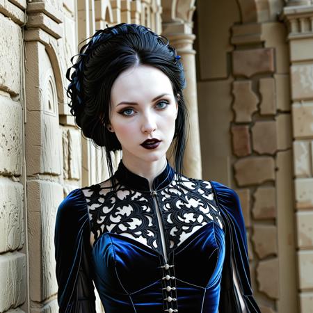 pale beauty, (close up analogue photo) of a beautiful 20 years ((Goth)) woman with ((black hair)) and (((pale skin))), <lora:Brenna_SDXL:0.8>, <lora:Pale_Beauty:0.2>, she has white makeup, dark lipstick and eyeshadow, ((pale skin)), (blue eyes) woman, ((oval face)), black haired woman ,Wearing a bell-sleeved, embroidered black velvet gown, she walks silently down a candlelit corridor of a crumbling Gothic castle, the flickering flames casting elongated shadows across the stone walls., (hitop-fade-haircut),,photo Fantasy art combining the styles of Boris Vellejo and Luis Royo, Photorealistic, real photo, god rays, 1girl, 21yo,realistic, ,Sexy pose, erotic pose, exhibitionism ,A bustling shopping district with trendy boutiques and cafes