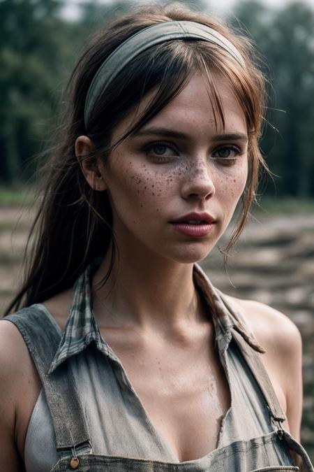 FelicityJ_SoloTI_v1,
(dirty face,freckle:1.3),
(In muddy overalls and a worn flannel shirt, with a bandana around her neck, for a gritty and determined look:1.3),
(A rugged riverside, with panning equipment and piles of dirt, an atmosphere of hard work and hopeful searching:1.4),
(seductive:1.3),(analog, cinematic, film grain, hazy atmosphere, cinematic shot:1.3), 
 <lora:add_detail:1>, PA7_Portrait-MCU,