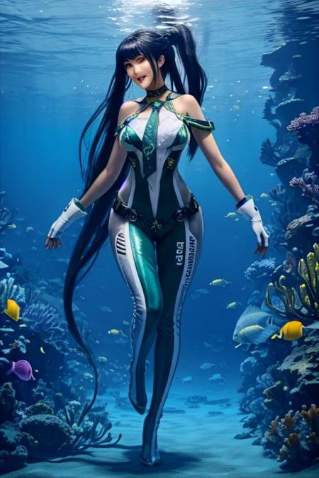 ((masterpiece)),(highres:1.1),4k , 8k,HD,(ultra detailed),vivid colors, underwater, intricately connected tubes, float in the water, (a girl is in a glass tube), smile, large breasts, nude legs, nude breast, long pony hair, black hair, perfect body, wide hip, narrow waist, full body, in the water, bubble, colorful, aquarium, <lora:lemon0029-Stellar Blade Eve Costume 1_v1:0.8> lemon0029, green bodysuit,green necktie,choker,see-through,fingerless gloves,clothes writing,mechanical parts,white gloves