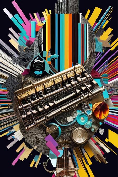 Create a striking abstract collage using vibrant cutout images of musical instruments. Blend them together in an unusual way with glitch effects.