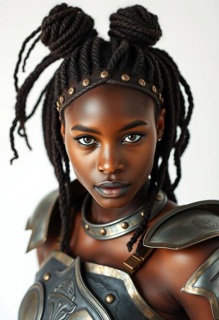Full shot of Ukico, she is  an african warrior girl, erotic light armour, iron armour, erotic expresion, hot, natural, honey eyes,  naturally beautiful, bun hairstyle, studio natural makeup, studio photography style, white background,