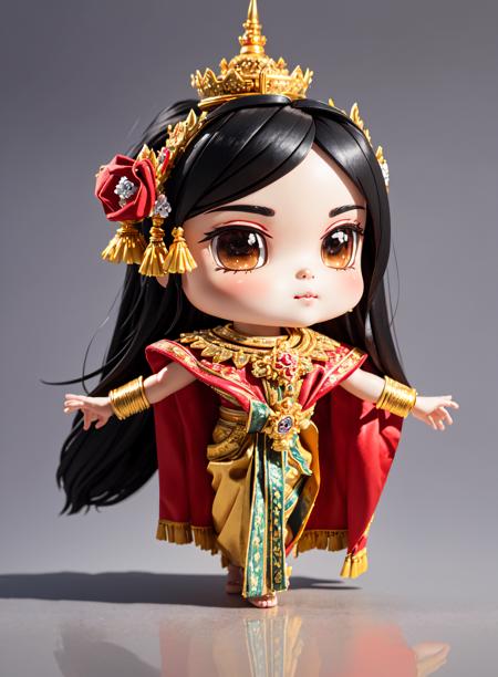 (chibi,cute,small design,Long Black Hair:1.4)mix4, <lora:cuteGirlMix4_v10:0.1>, complex 3d render ultra detailed of a beautiful porcelain woman cyborg, (natural skin texture, realistic face and brown eyes  details:1.25), robotic parts, beautiful soft light, rim light, vibrant details, luxurious cyberpunk, hyperrealistic, anatomical, facial muscles, cable electric wires, microchip, elegant, beautiful background, octane render, 8k, best quality, masterpiece, extremely delicate and beautiful, unity, wallpaper, (realistic, photo-realistic:1.2), Amazing, finely detail, best quality, official art, extremely detailed 8k wallpaper, absurdres, incredibly absurdres, robot, silver halmet, full body, android, metal lace,  fluffy black short hair, (cleavage, noble lady:0.8), darkness <lora:epiNoiseoffset_v2Pynoise:1>  <lora:blindbox_V1Mix:0.5> <lora:nangseeda81clip2:1> nangseeda ThaiRoyalDancer,REd CAPE, HEaddress Golden