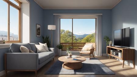 photorealistic modern living room, sharp and crisp background, sofa, low table, bookshelf, parks and buildings from window, wood and flower, beautiful landscape, best quality, masterpiece, hires, in the morning light, detailed lighting, blue sky, (((photo))), (((photorealistic))) ,kkw-ph1, wide shot, web meeting background