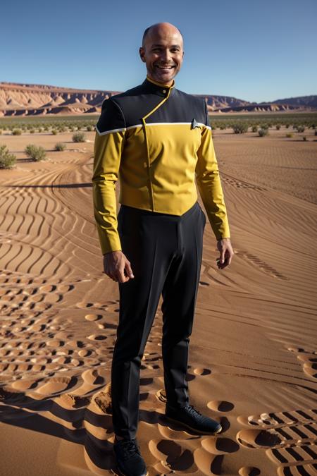 bald man in yellow sttldunf uniform ,on a desert,smiling,long sleeve,black pants<lora:STTLDV1:0.8>