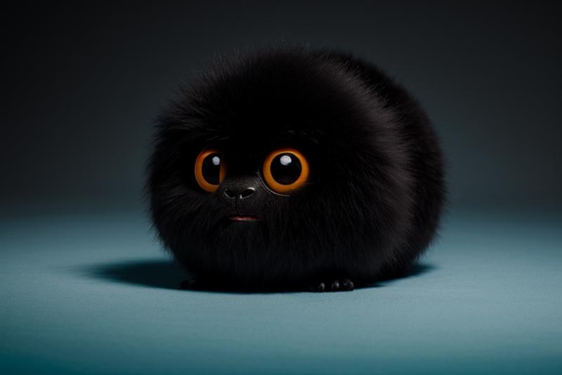 A black fluffy ball with big yellow eyes looking at the camera.