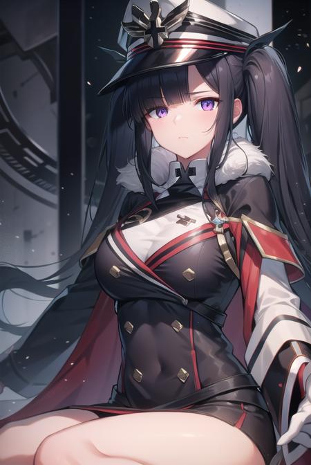 peterstrasser, <lora:peterstrasser-lora-nochekaiser:1>,
peter strasser, black hair, hair over one eye, long hair, one eye covered, (purple eyes:1.1), twintails,
BREAK armored boots, black coat, black footwear, black ribbon, boots, buttons, cape, coat, fur trim, fur-trimmed cape, gloves, hat, high heels, military hat, peaked cap, red cape, ribbon, stiletto heels, white gloves, white headwear,,
BREAK looking at viewer,
BREAK indoors,
BREAK <lyco:GoodHands-beta2:1>, (masterpiece:1.2), best quality, high resolution, unity 8k wallpaper, (illustration:0.8), (beautiful detailed eyes:1.6), extremely detailed face, perfect lighting, extremely detailed CG, (perfect hands, perfect anatomy),