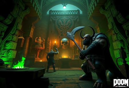 Create a highly detailed, 8K resolution image of a  in a Castle of Chaos background, inspired by the Ork theme and Black Thor character from the Doom Eternal art style. The image should be rendered in 3D using Unreal Engine 5, with a focus on photorealism and cinematic quality. The scene should feature a blacksmith, dwarves, and strong walls, with a Skull-Mark Ladybug and an Ork wielding an axe. The atmosphere should be very dark with green lighting, and the image should be composed according to the golden ratio. The final output should be of ultra-high quality, with micro details and lifelike textures, suitable for showcasing on Artstation.