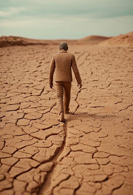 A portrait of a person made entirely of clay, walking slowly towards the horizon. The clay should have slight
cracks and crumbles, showing signs of age and wear. Use a brown, earthy color palette with touches of green and
red to create variety in the landscape. The overall effect should be both serene and slightly unsettling, as if
life itself is made of fragile, sculpted matter.<lora:novuschroma51 style_claymation:1>