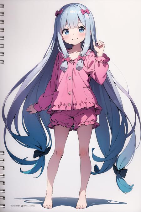 1girl, long hair, solo, izumi sagiri, pajamas, full body, bow, grey hair, standing, blue eyes, barefoot, pink bow, hair bow, looking at viewer, blush, very long hair, smile, shirt, shorts, closed mouth, simple background, white background, long sleeves, frills, pink shirt, ribbon, pink shorts, pink pajamas, collarbone, bangs, <lora:Kanzaki Hiro:0.8>