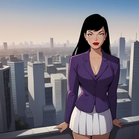 LoisLane_DCAU black hair, long hair, lipstick, purple blazer, white skirt