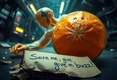 “Plastic Man morphing into an orange, blending human and fruit features with intricate high-technology details. His body exhibits glossy, translucent plastic textures merging seamlessly with the vibrant, textured orange peel. Random, glowing, fancy spots illuminate the scene, resembling futuristic bio-luminescence. A rotten piece of cardboard lies in the foreground, damp and crumpled, with bold, messy handwriting that reads: ‘Save me, give me buzz!’ The setting is an abstract, high-tech environment, filled with mechanical and organic elements. Rendered with cinematic prime lens effects, using a fisheye 12mm perspective for dramatic distortion and dynamic depth, showcasing surrealism with stunning visual clarity.”