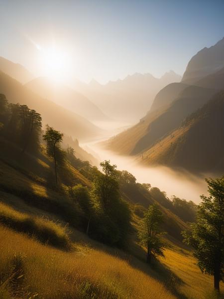 <lora:06NatureArt_Hap_XL:3.9>, Albert Bierstadt style, the sunâs rays gently illuminate the misty valley, tranquil, golden, serene, ethereal, majestic, Himalayan foothills, mountainous terrain, wide-angle shot, low-angle shot, first-person perspective, wide-angle lens, dawn, golden hour photography, light flares, 35mm film, aperture f/8, shutter speed 1/125s, ISO 100, soft light enhancement, contrast adjustment.ï¼