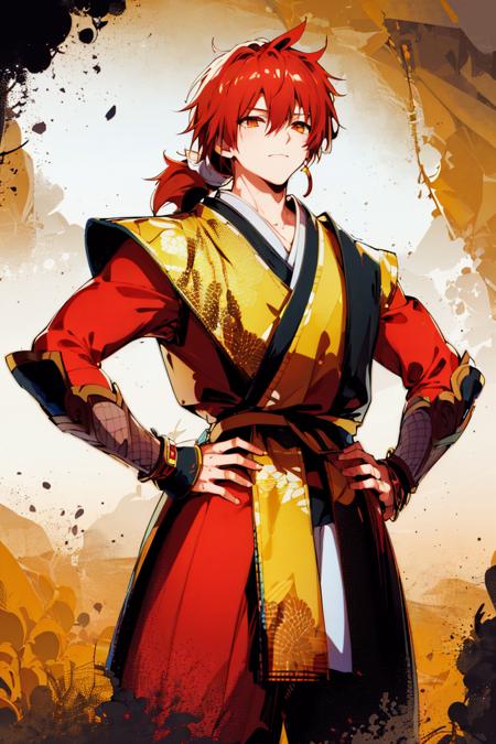 Shizumaru Hisame Shizumaru Hisame,1boy,solo,red hair,male focus,red japanese clothes,arms behind back, Shizumaru Hisame,1boy,solo,red hair,short ponytail,male focus,red japanese clothes,hands on hips,upper_body,