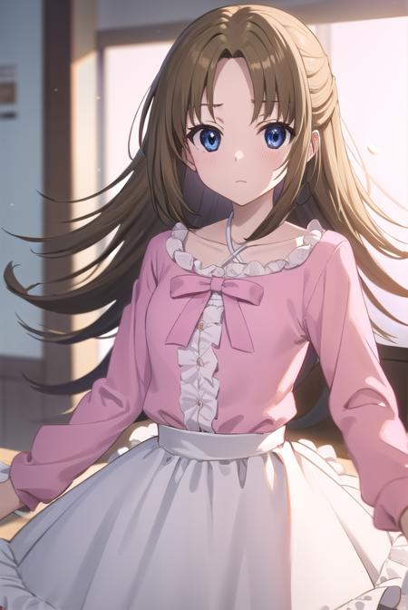 ringosugisaki, <lora:ringo sugisaki s2-lora-nochekaiser:1>,
ringo sugisaki, long hair, blue eyes, brown hair, half updo, (parted bangs:1.5),
BREAK long sleeves, dress, bow, bowtie, frills, skirt, (pink dress:1.3), white skirt, collarbone,
BREAK indoors, classroom,
BREAK looking at viewer, (cowboy shot:1.5),
BREAK <lyco:GoodHands-beta2:1>, (masterpiece:1.2), best quality, high resolution, unity 8k wallpaper, (illustration:0.8), (beautiful detailed eyes:1.6), extremely detailed face, perfect lighting, extremely detailed CG, (perfect hands, perfect anatomy),