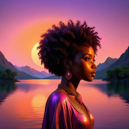 Ultra realistic color pencil  image of
Digital art of a young African princess with an afro, profile view, standing at the edge of the image near a serene lake at sunset. The sky is vibrant with hues of orange, pink, and purple, reflecting on the calm water. The background includes distant trees and silhouettes of mountains. The lighting highlights the contours of her face, emphasizing a thoughtful and peaceful expression.
BREAK
 Deep dark intense orange-brown misty background
Dark theme, dynamic lighting, (soft shadows), (soft focus), (photo realistic), uhd, 8k