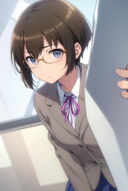 manamitamura, <lora:manami tamura s2-lora-nochekaiser:1>,
manami tamura, short hair, brown hair, (grey eyes:1.3), glasses,
BREAK skirt, school uniform, jacket, blazer, grey skirt,
BREAK indoors, classroom,
BREAK looking at viewer, (cowboy shot:1.5),
BREAK <lyco:GoodHands-beta2:1>, (masterpiece:1.2), best quality, high resolution, unity 8k wallpaper, (illustration:0.8), (beautiful detailed eyes:1.6), extremely detailed face, perfect lighting, extremely detailed CG, (perfect hands, perfect anatomy),