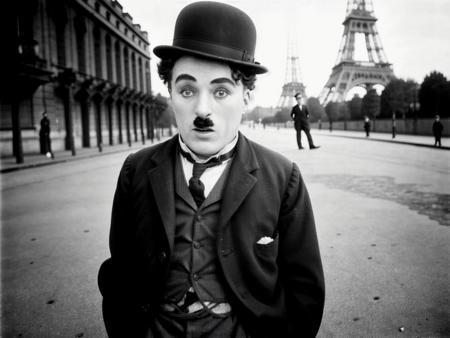 <lyco:Charlie Chaplin_v1.0:1> Charlie Chaplin, posing in paris, eifel tower in the background, sharp, bokeh, candid shot, realistic, film grain, colorized, vivid colors, side view