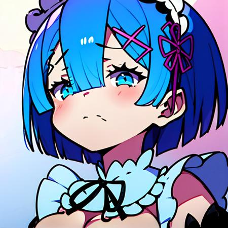 1girl, rem_re_zero, blue hair, short hair, maid uniform, hair ornament, cleavage, maid headdress, detached sleeves, ribbon, (very angry, disappointed:1.05), (close up:1.0), looking down, looking to the side, PatheticTestEight, pathetic \(meme\), (patheticasukastyle:1.0), (patheticsimpsonstyle:1.0), masterpiece, best quality