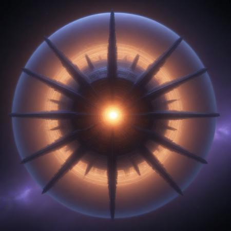 masterpiece, best quality, highres, cosmic megastructure, ultra-detailed Dyson sphere surrounding a glowing star, vast ring-like constructs interlinked into a colossal web of interconnected hexagonal solar panels, orbiting bands, and energy collectors. The central sun burns intensely, its golden plasma flares licking the inner surfaces of the sphere. Countless artificial satellites, industrial spires, and collector nodes hover in synchronized formation, forming an impossible lattice around the star. The interior walls of the sphere glimmer like a sea of black mirrors, absorbing and channeling energy through massive glowing conduits. Light refracts along the edges, casting a surreal blend of gold, violet, and deep space blue across the structure. Gigantic support arms connect inner platforms with outer rings, their surfaces marked with glowing alien glyphs. Beyond the Dyson sphere’s edge, faint galaxies and nebulae twinkle in the void, dwarfed by the sheer scale of the construct. This is not a civilization it is a godlike machine built to house stars. Wide cosmic shot, far zoom, deep space composition, divine scale, hyper-futuristic aesthetic, breathtaking silence of the void.