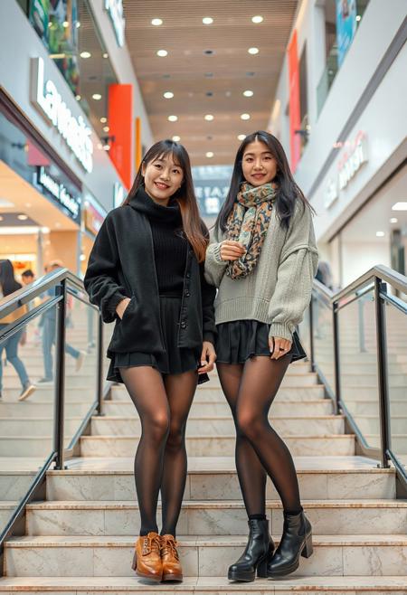 two happy, super beautiful 20 years old Chinese girls standing on the stairs of a shopping mall, wearing pantyhose, full people portrait, ultra quality, hires, photorealistic, outdoor background,