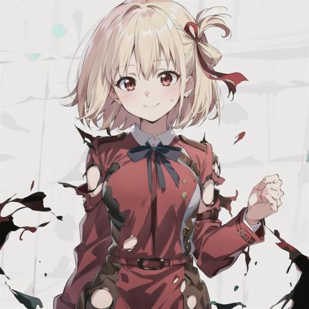 high quality, best quality, masterpiece, absurdres, red_jacket, ribbon, red_eyes, blond_hair, short_hair, hair_ribbon, smile, <lora:lycorisRecoil_chisatoV10:0.75>, 1girl, torn clothes, cloth pieces,  <lora:torn:0.75>