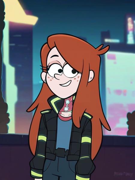 <lora:WendyCorduroyV2:0.7> w_g_f, 1girl, ginger hair, pupils black dots, freckles,      ((cyberpunk outfit)), night city background, score_9, score_8_up, score_7_up,