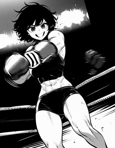 (incoming punch, motion, motion lines, motion blur),masterpiece, ssambatea,1girl, cowboy shot, solo, , boxer, boxing gloves, monochrome, boxing shorts, short hair, black hair, smile, muscular female, thick thighs, abs, motion lines, punching, boxing ring<lora:Ssambatea-46:1>