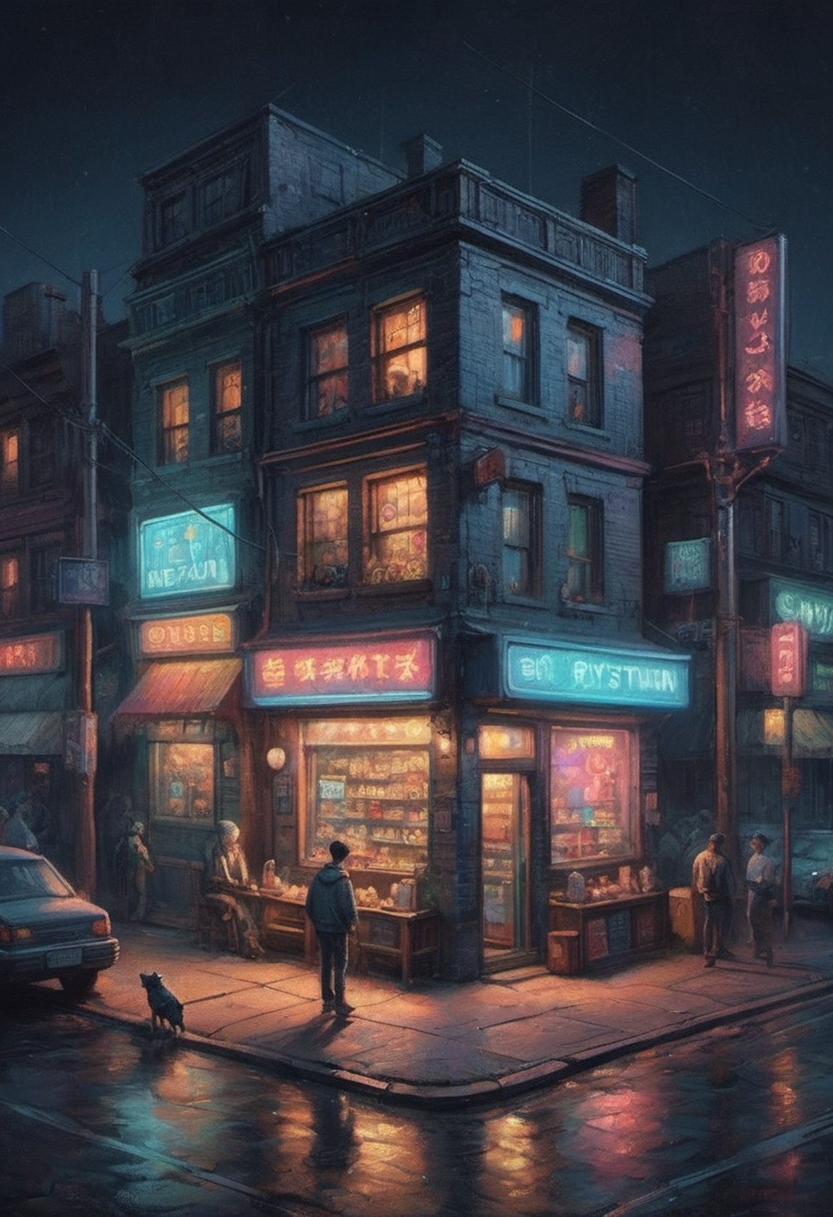 isometric city corner store city block dark night with neon signs and tungsten lighting and a boy walking dog colorful iri...