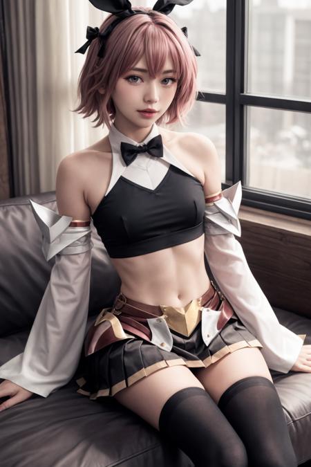 <lora:fate_astolfosaber-12:1> astolfost1, hair bow, hair ribbon, crop top, black bowtie, detached sleeves, black skirt, black thighhighs, bare shoulders,