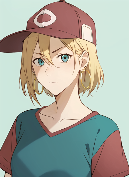 avatar wan <lora:avatar_wan_offset:1>, masterpiece, best quality, 1girl, aqua eyes, baseball cap, blonde hair, closed mouth, earrings, green background, hat, hoop earrings, jewelry, looking at viewer, shirt, short hair, simple background, solo, upper body, yellow shirt