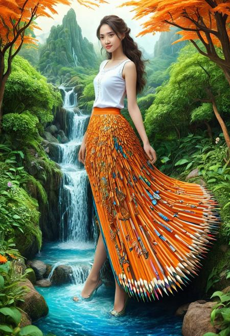 realistic photography of a beautiful Lady her skirt is made of pencil, magical fairytale landscape, elaborate fantasy style art, white and orange theme, intricate details, ultra sharp, exquisite detail, flawless composition, vivid colors, masterpiece, exciting background , four legs,<lora:Pencil_morph_style:1>, shuidi