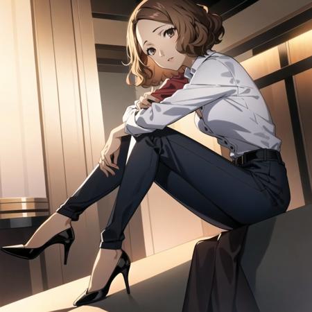 masterpiece, best quality, highres, extremely detailed CG unity 8k wallpaper,
illustration of dsharu, brown hair, short hair, dress shirt, pants, high heels, 1girl, solo, sitting, luxury hotel, detailed background, (persona 5:0.5)
<lora:dsharu_e2:0.75>