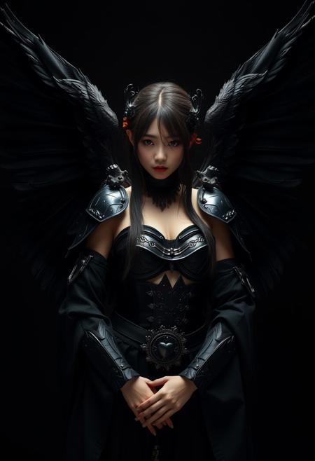 Medium shot of a beautiful japanese girl as an angel, black wings, black armour, sensual expression, black background, photography studio style