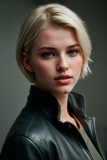 photo of (s4r4hgrey-135:0.99), a beautiful woman, perfect platinum blonde short hair, (modern photo, Hunter Green leather jacket and long sleeve top:1.1), 85mm, (analog, cinematic, film grain, hazy atmosphere:1.3), ((plain Hunter Blaze Orange background, jazz club:1.2)), detailed eyes, (seductive), (epicPhoto), (looking at viewer), jewelry, (cinematic shot:1.3), PA7_Portrait-HL_v2